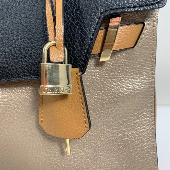 Calvin Klein Black Metallic Gold Tan Structured Satchel Buckle Lock Key EUC - Picture 2 of 16